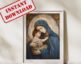 May include: A painting of the Virgin Mary holding a sleeping baby Jesus. The painting is in a white frame and has a soft, muted color palette.