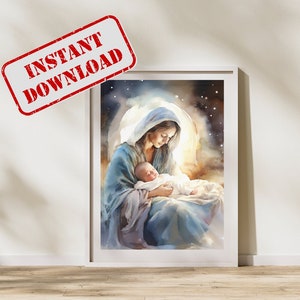 Blessed Virgin Mary with child, Watercolor Poster, Mary Mother of God Poster, Catholic Watercolor Art, Mary and Baby Jesus, Digital Download