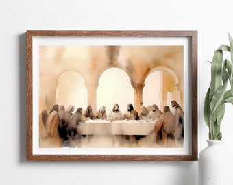 May include: A watercolor painting depicting the Last Supper.  Jesus sits at the center of a long table with 12 disciples.  The scene is set in a room with arched doorways and columns.