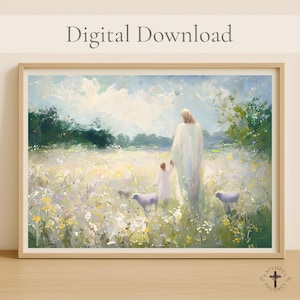 May include: Framed art print with a pastoral scene. A figure in white robes leads a child through a field of wildflowers, with sheep grazing nearby. The text "Digital Download" is at the top.