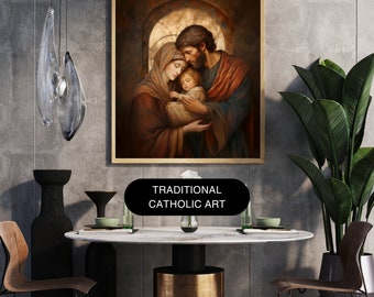 Traditional Catholic art, holy family, renaissance art print, holy family art, Mary Joseph and baby Jesus, Christian art, Nativity Scene