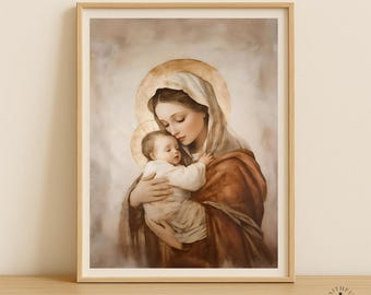 Blessed Virgin Mary art print, Virgin Mary and baby Jesus, Nativity Scene, Baptism gift, Catholic Nursery Art, Catholic art, Catholic prints