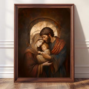 Traditionelle katholische Kunst, gerahmte Heilige Familie Leinwandkunst, Heilige Familie Kunst, Mary Joseph und Jesuskind, christliche Kunst, Geburt, katholisches Haus