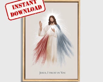 Divine Mercy Digital Print + Prayer Chaplet, Catholic prayer, Catholic Art print,  Divine Mercy of Jesus, Catholic Nursery, Novena Card