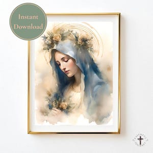 DIGITAL Blessed Virgin Mary Watercolor Art Print, Catholic Home Decor, Mother Mary Artwork, Virgin Mary Art