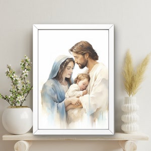 Holy Family Poster, St. Joseph and Baby Jesus Art, Blessed Virgin Mary Watercolor, Catholic Watercolor Art, Catholic poster, nativity scene