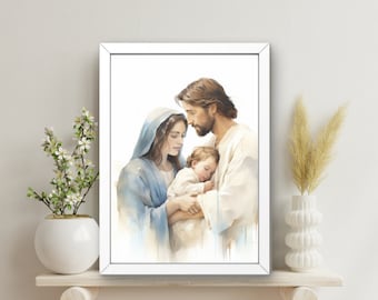 Holy Family Poster, St. Joseph and Baby Jesus Art, Blessed Virgin Mary Watercolor, Catholic Watercolor Art, Catholic poster, nativity scene