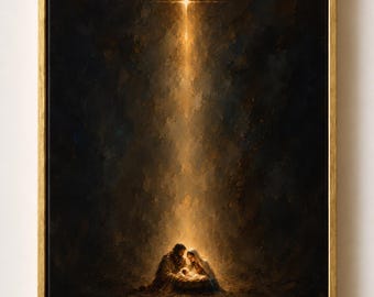 May include: A framed oil painting depicting a nativity scene with two figures kneeling over a glowing infant. A bright, vertical beam of light descends from a star above, illuminating the figures against a dark, textured background in a gold frame.