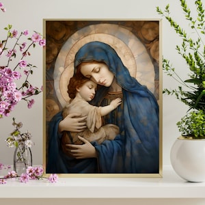 Blessed Virgin Mary with child, Madonna and Child, Mary Mother of God Poster, Catholic Watercolor Art, Mary and Baby Jesus, Baby Jesus