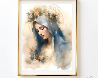 Virgin Mary Watercolor Art Print, Catholic Christian Wall Decor, Mother mary art, The virgin Mary, Catholic gift, Catholic home
