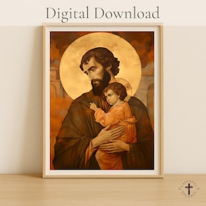 Arte DIGITAL de São José e o Menino Jesus: Decoração Católica Tradicional para Casa, São José, Arte Cristã, Arte Bizantina
