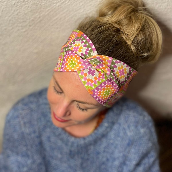 Organic Headbands for women | Stretchy cotton jersey | Crochet print Multi color | Hairband | Twisted headband