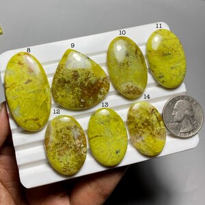 May include: A collection of polished, oval-shaped gemstones in shades of yellow and brown. The stones are displayed on a white surface, with a U.S. quarter for size comparison. The gemstones vary in size and have unique patterns and textures.