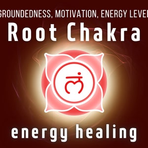 Op de afbeelding: Een rood en wit wortelchakra-symbool met het Sanskriet woord "Muladhara" in wit. Het symbool wordt omringd door een rode en witte lotusbloem. De achtergrond is donkerrood met een lichte gloed rond het symbool. De tekst "GROUNDEDNESS, MOTIVATION, ENERGY LEVEL" staat bovenaan de afbeelding, en de tekst "Root Chakra" eronder. De tekst "energy healing" staat onderaan de afbeelding.