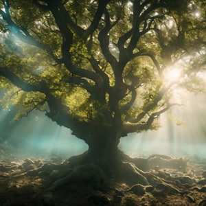Può includere: Un albero maestoso con rami tentacolari e un rigoglioso fogliame verde, bagnato dalla luce del sole. L'immagine cattura una scena di foresta serena con raggi di luce che filtrano attraverso le foglie, creando un'atmosfera mistica. Le radici dell'albero sono visibili.