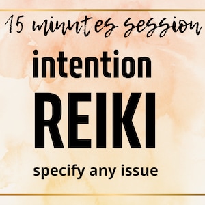 Può includere: Uno sfondo ad acquerello con una cornice dorata e il testo "15 minutes session intention REIKI specify any issue".