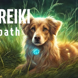 May include: A golden retriever dog with a blue flower charm on its collar, sitting in a field of green grass with glowing lights. The text "REIKI bath" is written in white letters above the dog.