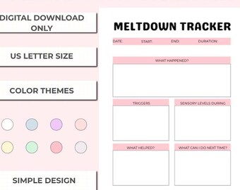 Può includere: Un Meltdown Tracker stampabile con un design semplice. Il documento include sezioni per data, inizio, fine, durata, cosa è successo, trigger, livelli sensoriali, cosa ha aiutato e cosa fare la prossima volta. La combinazione di colori è rosa e bianco.