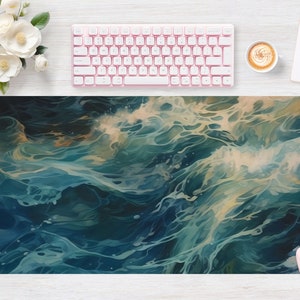 Desk pad Seashore Watercolor Wave Ocean, Mouse pad, Mouse mat, Extra Large, Laptop Mat, Gaming Setup, Trendy Workspace, Desk Accessory Decor