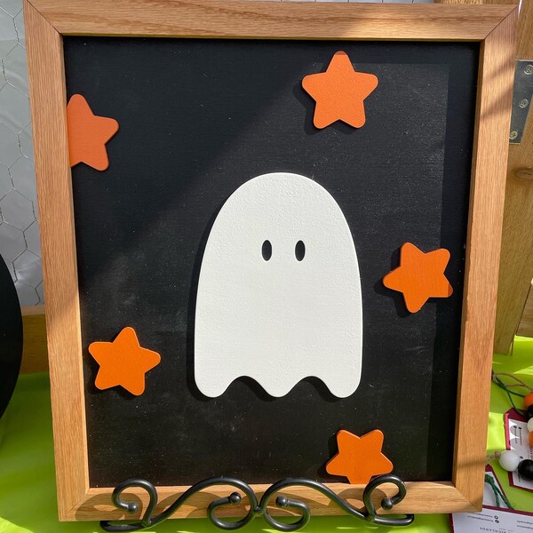 Ghost and Stars, Birch Plywood, Framed Home Decor, Fall Decor