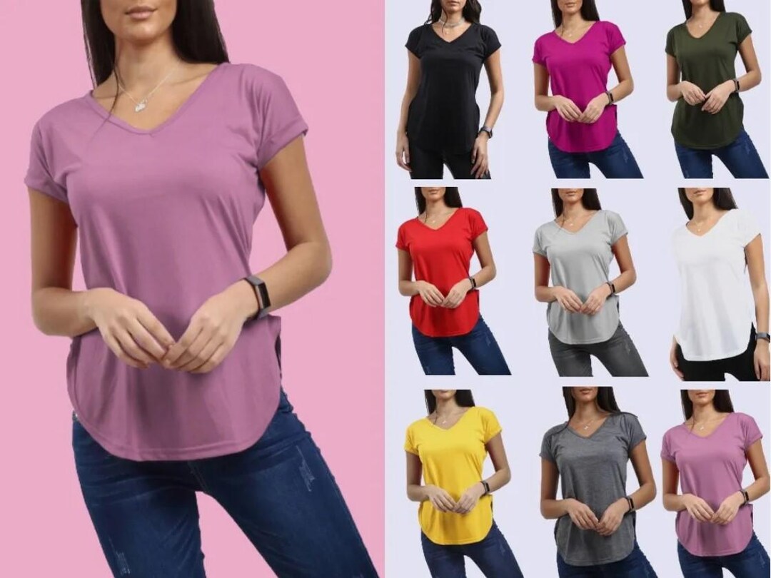 Women Ladies Plain V Neck Curved Hem Turn up Short Sleeve Jersey T ...