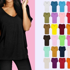 Woman Ladies  Baggy Oversize Loose Fit Turn Up Batwing Sleeve V Neck Top T shirt