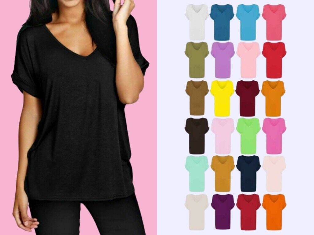 Woman Ladies Baggy Oversize Loose Fit Turn up Batwing Sleeve V Neck Top T Shirt Etsy UK