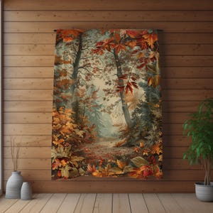 May include: A tapestry showing an autumnal forest scene. The artwork features a path leading into the woods, surrounded by trees with vibrant orange and red leaves. The tapestry is displayed on a wooden wall.