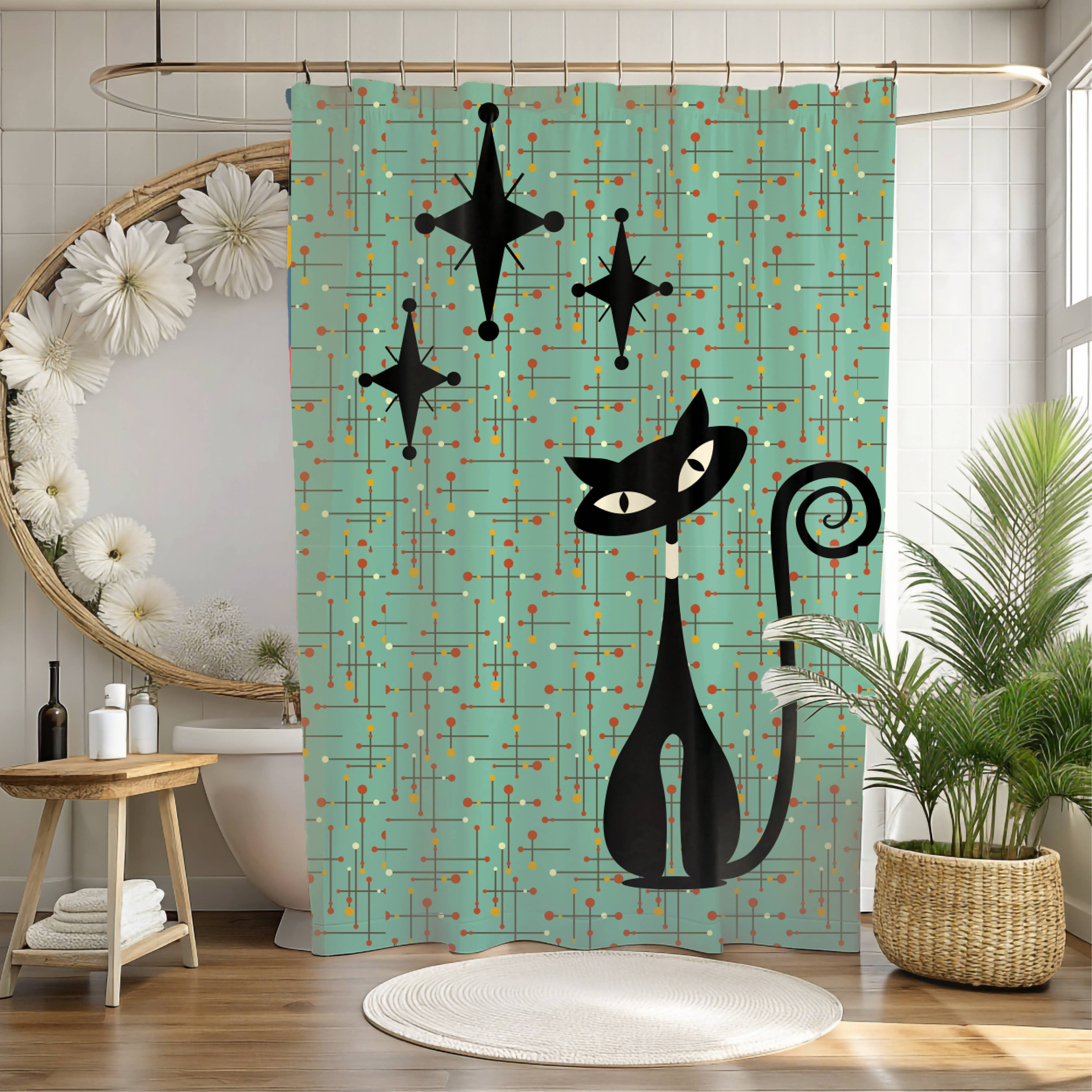 Cute MCM Atomic Cat Shower Curtain,Cute Retro Vintage Atomic Cat Shower Curtain, Mid Century Modern Decor Shower Curtain js17