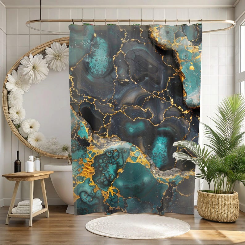 Teal Marble Shower Curtain Luxury Bathroom Decor Turqoise Cottagecore