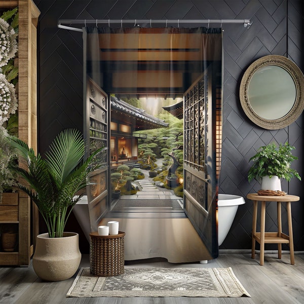 Japanese Zen Garden Moody Black Botanical Shower Curtain  Dark Academia Cottagecore Eclectic Maximalist Bathroom Decor