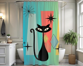 Rideau de douche chat atomique moderne du milieu du siècle, décoration de salle de bain rétro, rideau de douche MCM, décoration de salle de bain maximaliste éclectique, décoration de salle de bain fantaisiste,