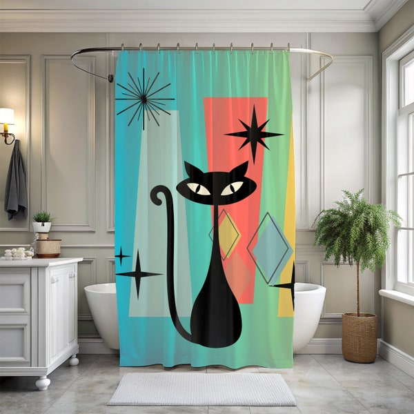 Mid Century Modern Atomic Cat Shower Curtain Retro Bath Decor Shower Curtain MCM Eclectic Maximalist Bathroom Decor Whimsical Bath Decor,