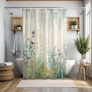 Cute Wild Flower Shower Curtain,Cute boho Blue Green Pink Wildflower Shower Curtain, Farmhouse Decor Colorful Floral Shower Curtain btk52
