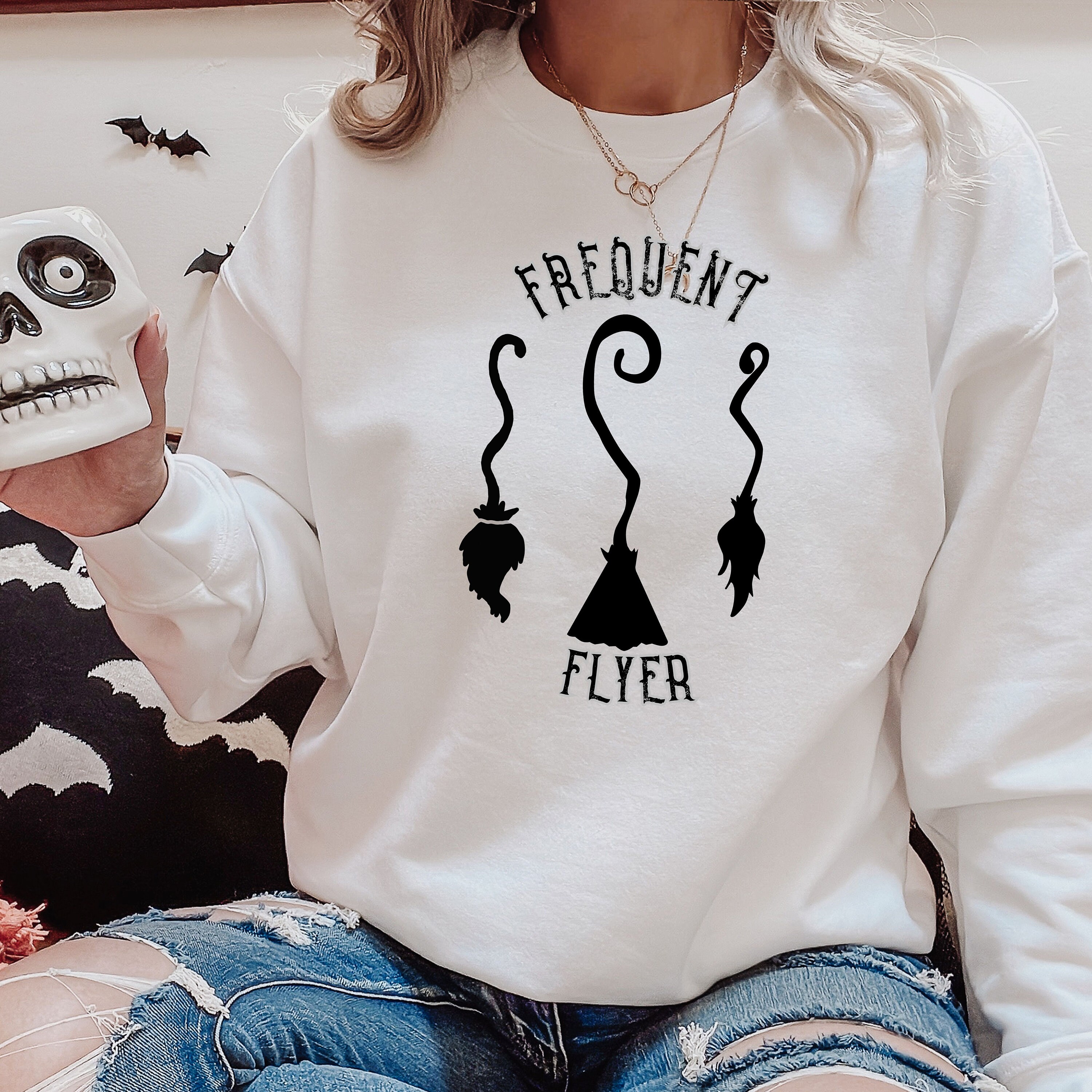 Discover Cute Witchy Halloween sweatshirt, Frequent Flyer witches broom Halloween party costume, funny Halloween witch , mtching family pumpkin patch