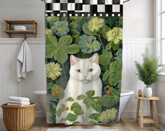 Cottagecore Duschvorhang Weiße Katze Cottagecore Eklektische Maximalist Badezimmer-Dekor