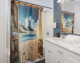 Strandhaus Ozean Duschvorhang Kabinendekor Cottagecore Sandstrand Eklektisches maximalistisches Badezimmerdekor