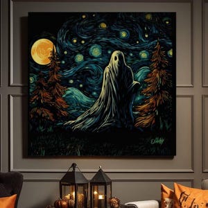 Dark Moody Halloween Starry Night Fine Art Paper Print Creepy Ghost Fall Decor Wall Art Vintage Van Gogh Halloween Party Decor 2720