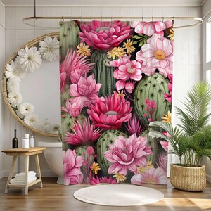 Cottagecore Pink Floral Cacti Bathroom Decor Shower Curtain Bath Farmhouse Decor Shower Abstract Maximalist Cabin Decor Whimsical Bath 74096