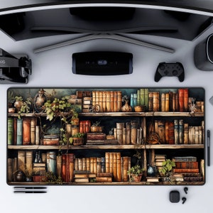 Book Lover Desk Mat: Cottagecore Bookcase, Non-Slip Mousepad