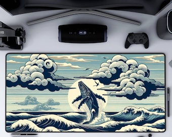 Japanese Ukiyo-e Style Whale waves Desk Mat Extended Keyboard Mousepad,Home office decor,Extra Large Non-Slip pad great Co-worker gift