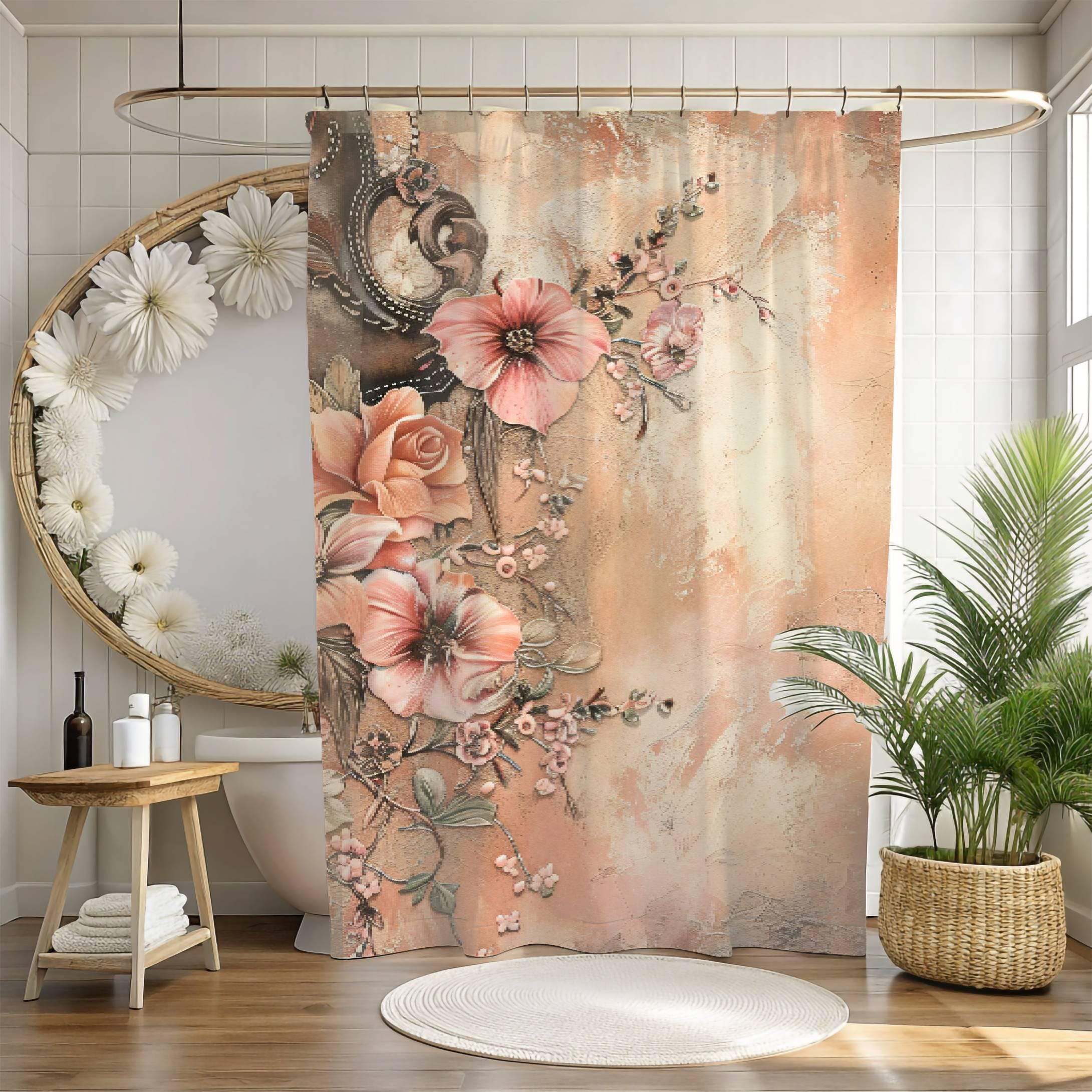 Cottagecore Vintage Peach Floral Boho Bath Elegant Shower Curtain Bohemian Bathroom Floral Shower Curtain farmhouse fall home decor 226 101