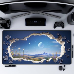 3D Broken Wall Starry Night Desk Mat Extended Keyboard Mousepad,Home office decor extended keyboard mat Gaming pad Coworker
