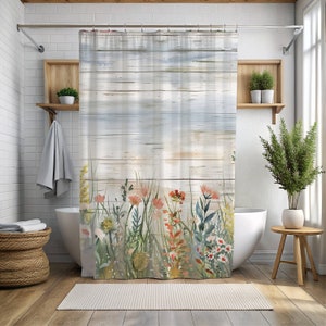 Cute Wild Flower Shower Curtain,Cute boho Blue Green Pink Wildflower Shower Curtain, Farmhouse Decor Colorful Floral Shower Curtain btk52