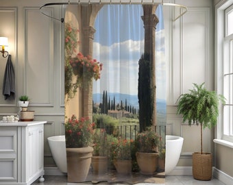 Rideau de douche campagne villa italienne, décoration de bain botanique, rideau de douche Cottagecore, décoration de salle de bain maximaliste éclectique, salle de bain lunatique