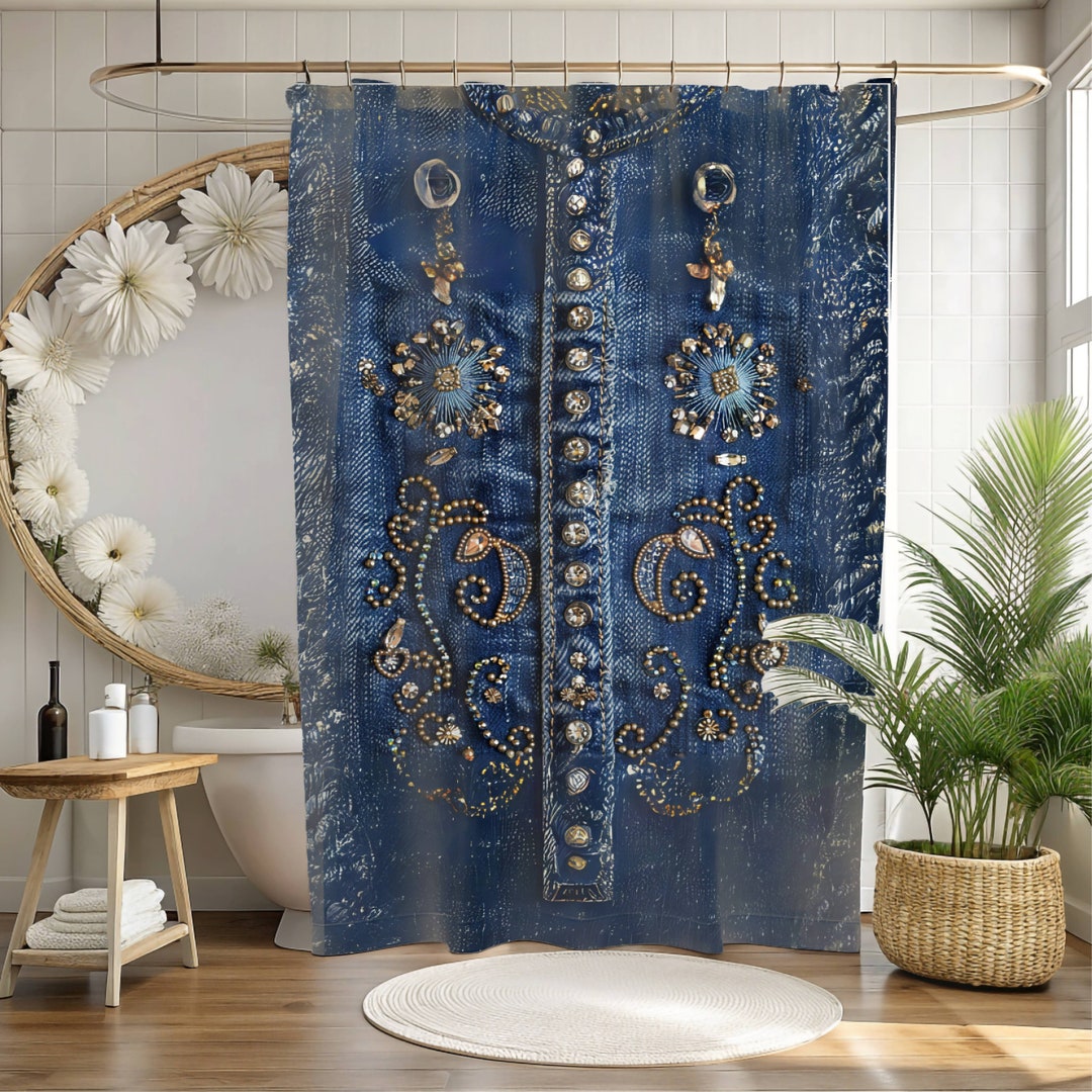 Boho Farmhouse Faux Denim Embellished Decor Shower Curtain,western ...