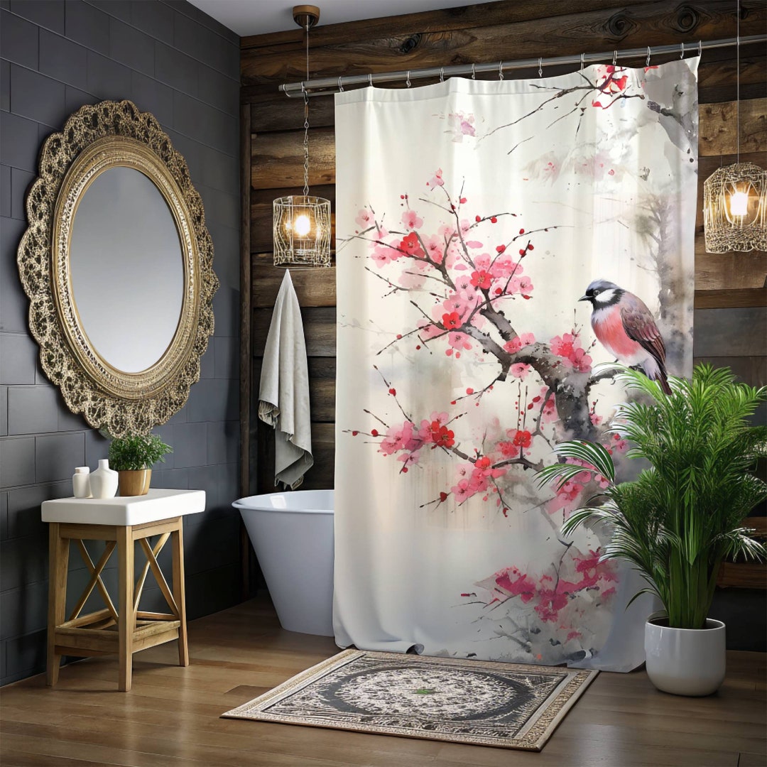 Japanese Zen Garden Moody Black Botanical Shower Curtain Dark Academia