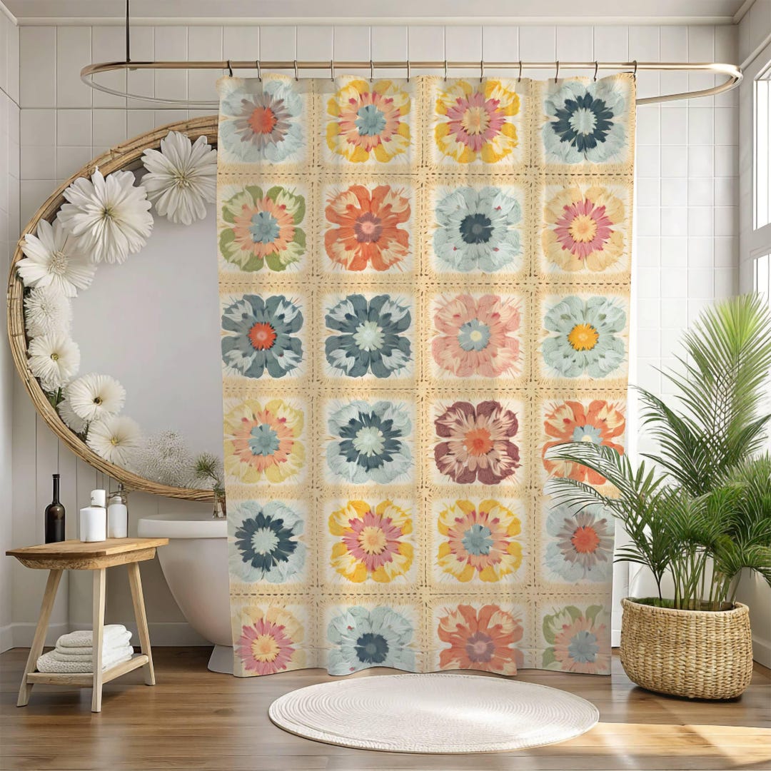 Cottagecore Boho Granny Square Bath Elegant Shower Curtain Bohemian cottagecore-boho-granny-square-bath-elegant-shower-curtain-bohemian