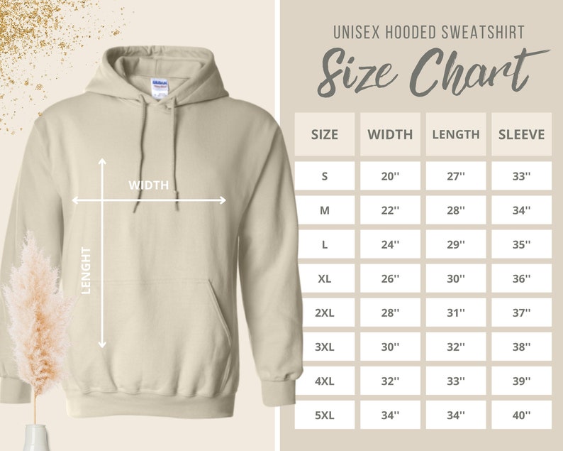 May include: Size chart for a unisex hooded sweatshirt. The chart shows the width, length, and sleeve length in inches for sizes S through 5XL.