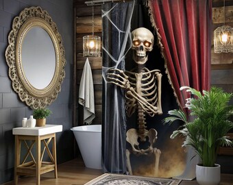 JIRGIXA Spooky Halloween Shower Curtain - Skull Skeleton Mushroom Gothic Bathroom Decor - View #12